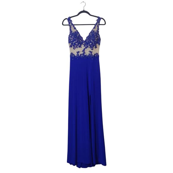 Vtg Y2K Blondie Nites Royal Purple Sheer Mesh Lace Rhinestone Maxi Prom Dress 3 - Picture 1 of 13
